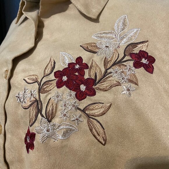 Faux Suede Shirt Womens L Embroidered Floral Y2K Tan Western Boho Cowgirl - Picture 2 of 8